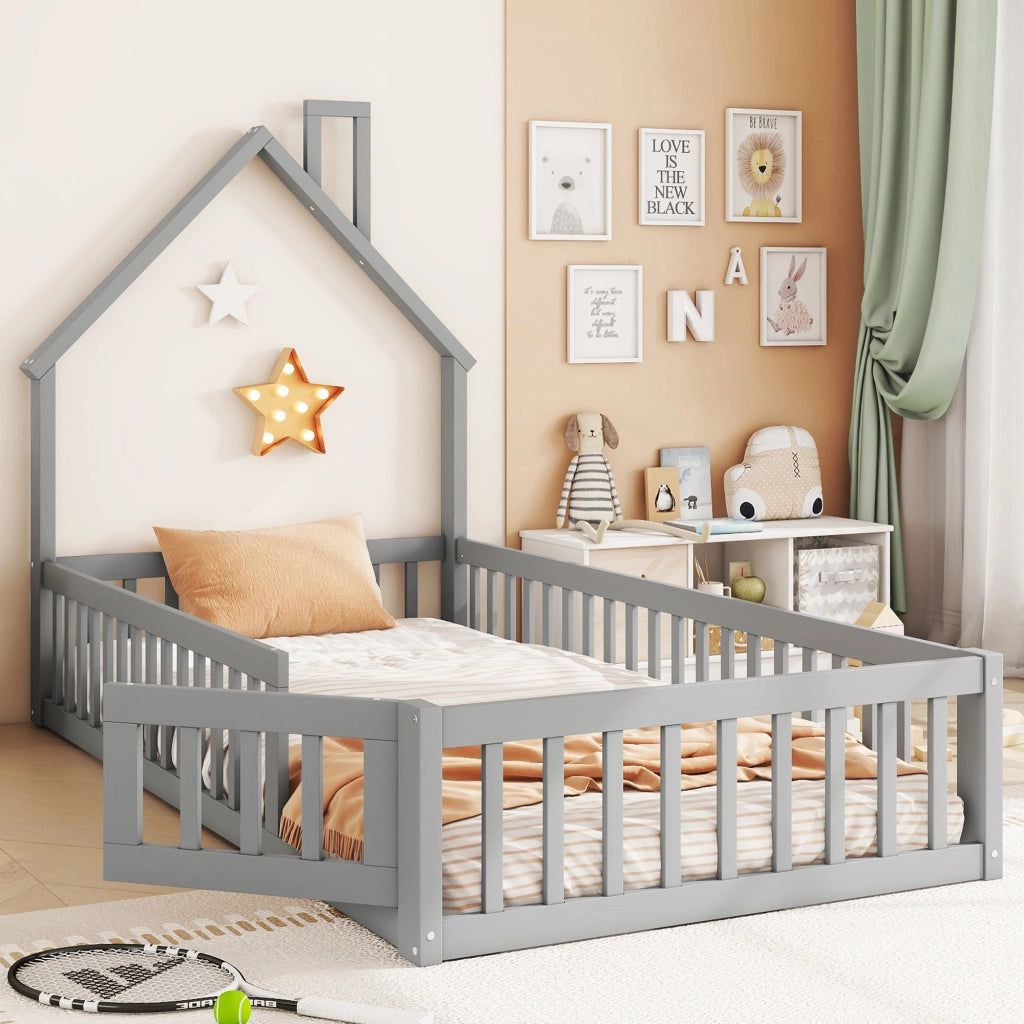 Letto a casetta con camino; recinzione di sicurezza e doghe; pino e MDF; grigio; 90x200 cm; senza materasso