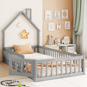 Letto a casetta con camino; recinzione di sicurezza e doghe; pino e MDF; grigio; 90x200 cm; senza materasso
