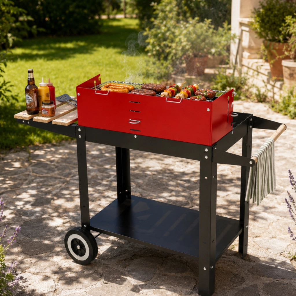 BBQ Grill A Carbonella Con Griglia Regolabile Accessori In Dotazione Ripiano Laterale Multifunzionale Supporto Porta Accessori Ruote Scorrevoli E Ripiano Scaldavivande 86 x 40.5 x 81 Cm