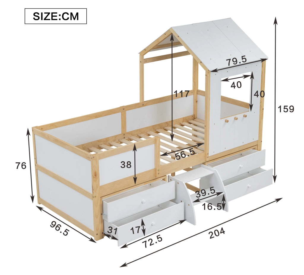 OKWISH Letto a Casetta 90×200 cm, Letto Singolo con 4 Cassetti, Scaletta e Spondine, senza Materasso, in Legno, Bianco e Naturale