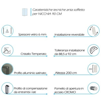 Porta doccia nicchia 90 cm a soffietto con vetro in cristallo trasparente Ted