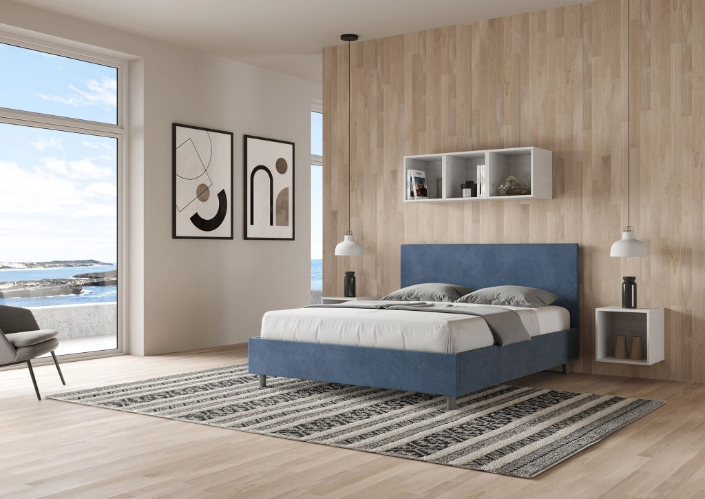 BS COM Letto matrimoniale con rete imbottito 160x210 microfibra blu
