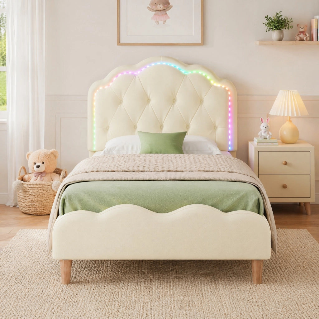 LETTO Polsterato 90x200 cm PU Beige con testiera ondulata e LED