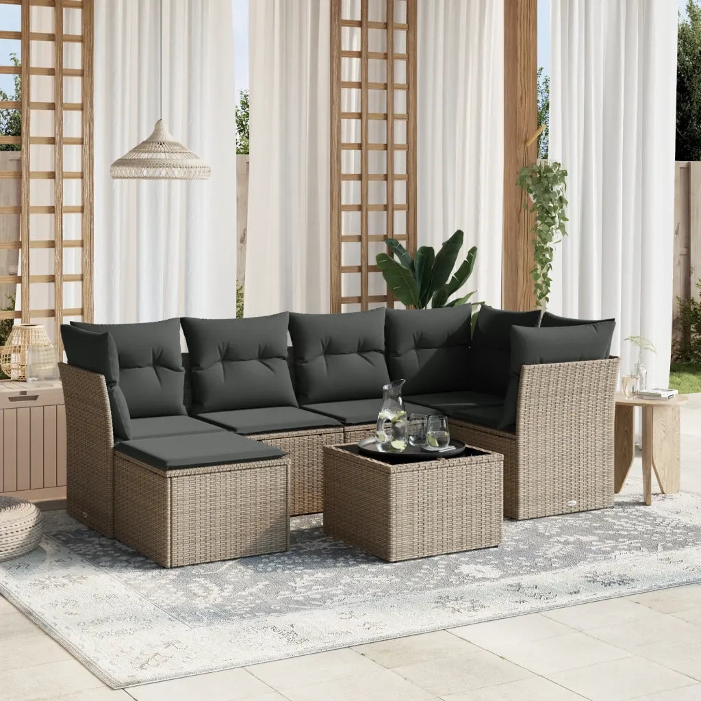 Set Divani da Giardino 7pz con Cuscini Grigio Chiaro Polyrattan