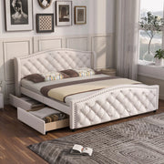 LETTO Imbottito 140x200 cm Bianco PU con rete a doghe e 2 cassetti