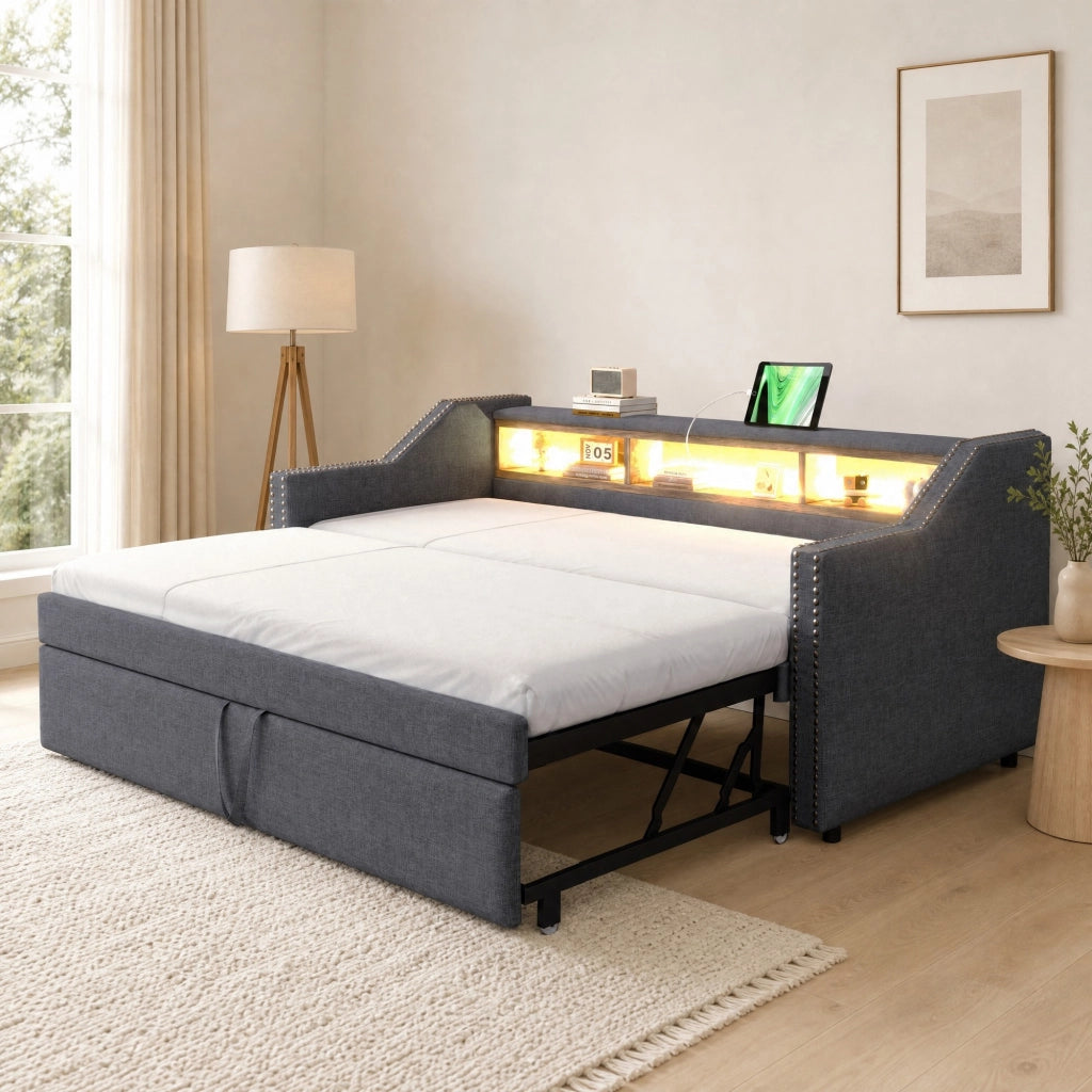 DIVANO LETTO Estraibile 90/180 x 190 cm Grigio Scuro con USB e LED
