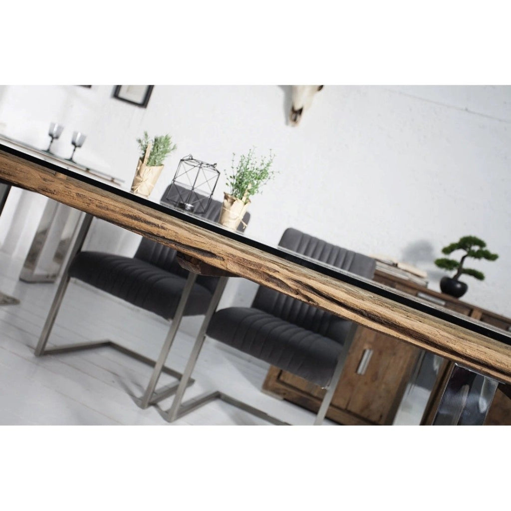 Tavolo da pranzo RAFTA 180 cm – Piano in legno riciclato e vetro temperato, struttura in metallo