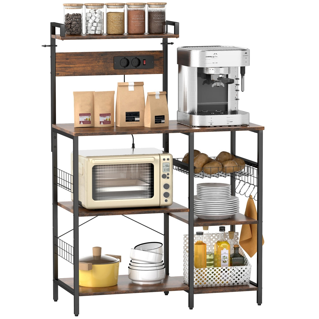 Scaffale da cucina con 2 prese, 5 ganci, 5 ripiani, cestino ¨C Xylo ¨C metallo nero 90x42x130cm