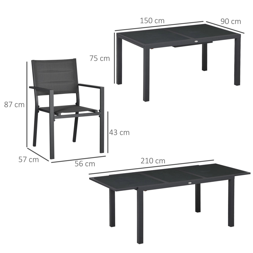 Set Tavolo Allungabile in Vetro e 6 Sedie da Giardino in Alluminio e Tessuto a Rete Grigio Scuro