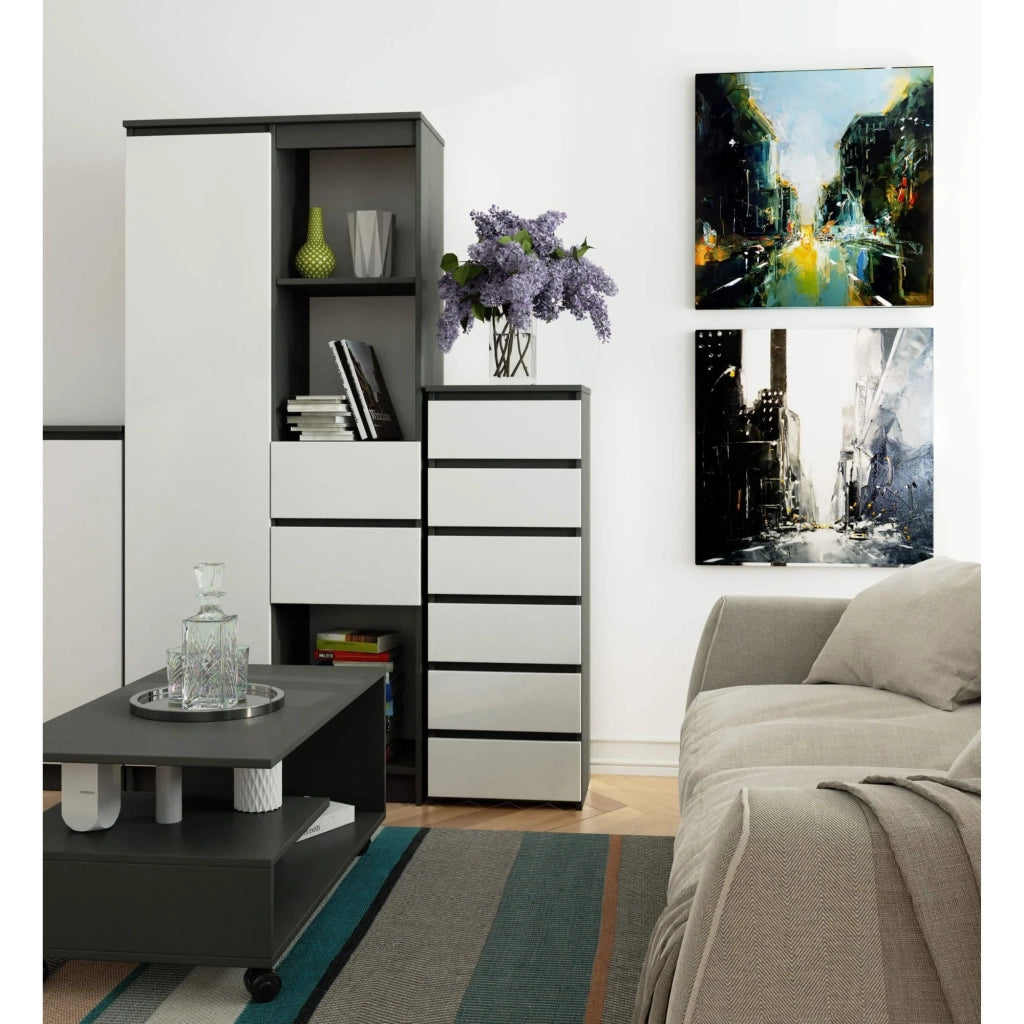 Cassettiera AKORD CL6 Cassettiera Grigia Grafite 40 cm 6 cassetti inserto frontale Bianco 40x35x109 cm