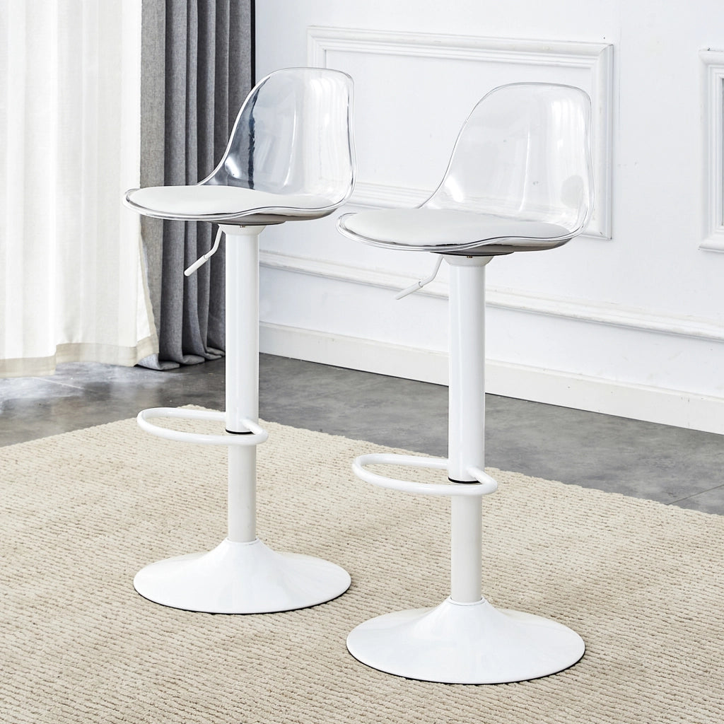 Set da 2 sedie a trave regolabili: schienale trasparente + gambe in metallo bianco, altezza regolabile da 82 a 104 cm, rotazione a 360¡ã.