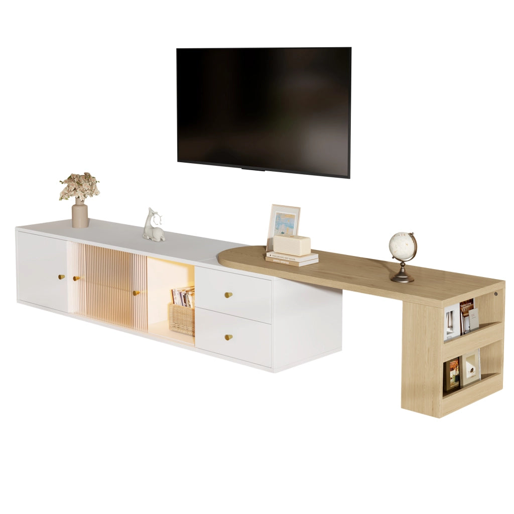 Mobile TV Estensibile 175x40x38 cm Bianco Legno con LED RGB, 2 Cassetti e Ante in Vetro Scorrevoli