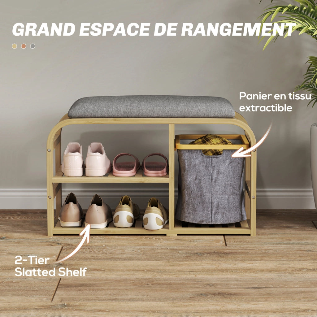 Panca portascarpe con cuscino ¨C Xylo ¨C legno naturale, 2 ripiani e cestino, 70x30x45cm