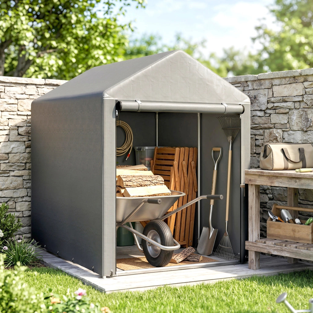 Capanno Attrezzi Tenda Garage con Copertura Anti UV e Telaio in Metallo, 120x179x165cm, Grigio Chiaro