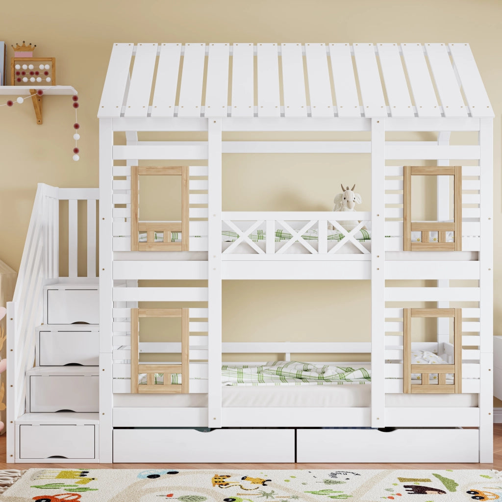 OKWISH Letto a Castello 90×200 cm, Letto Singolo con Finestre, 2 Cassetti, Scala con 4 Vani e Spondine, senza Materasso