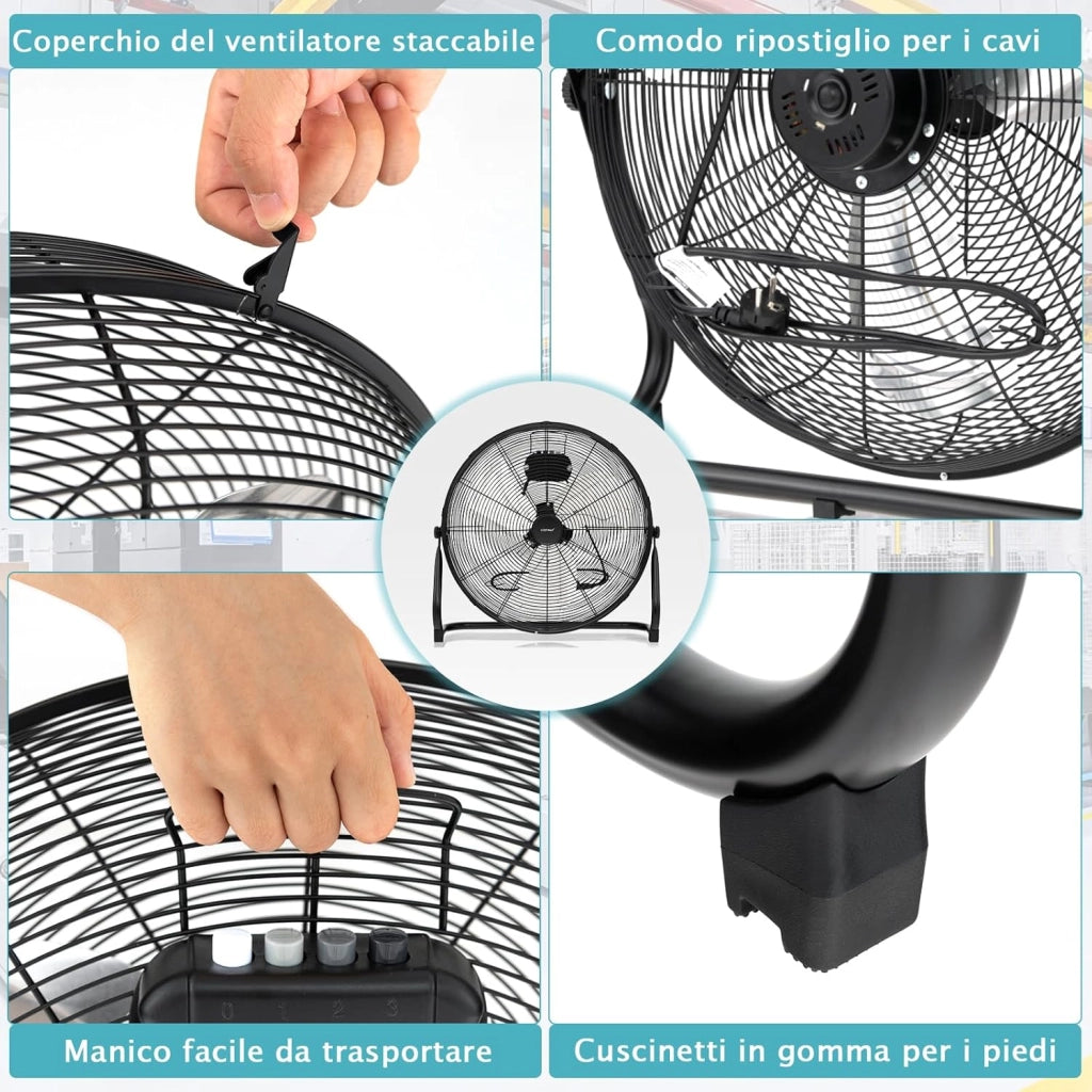 160W Ventilatore da Terra 50 cm, Ventilare Industriale a 3 Velocità Inclinazione di 145° e Pale in Metallo, Ventilatore da Pavimento per Magazzino Cantina Garage Palestra (Nero)