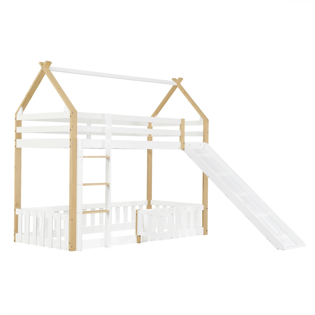 Letto a castello bambino 90×200 cm con scivolo; tetto e spazio libero; senza materasso; bianco naturale