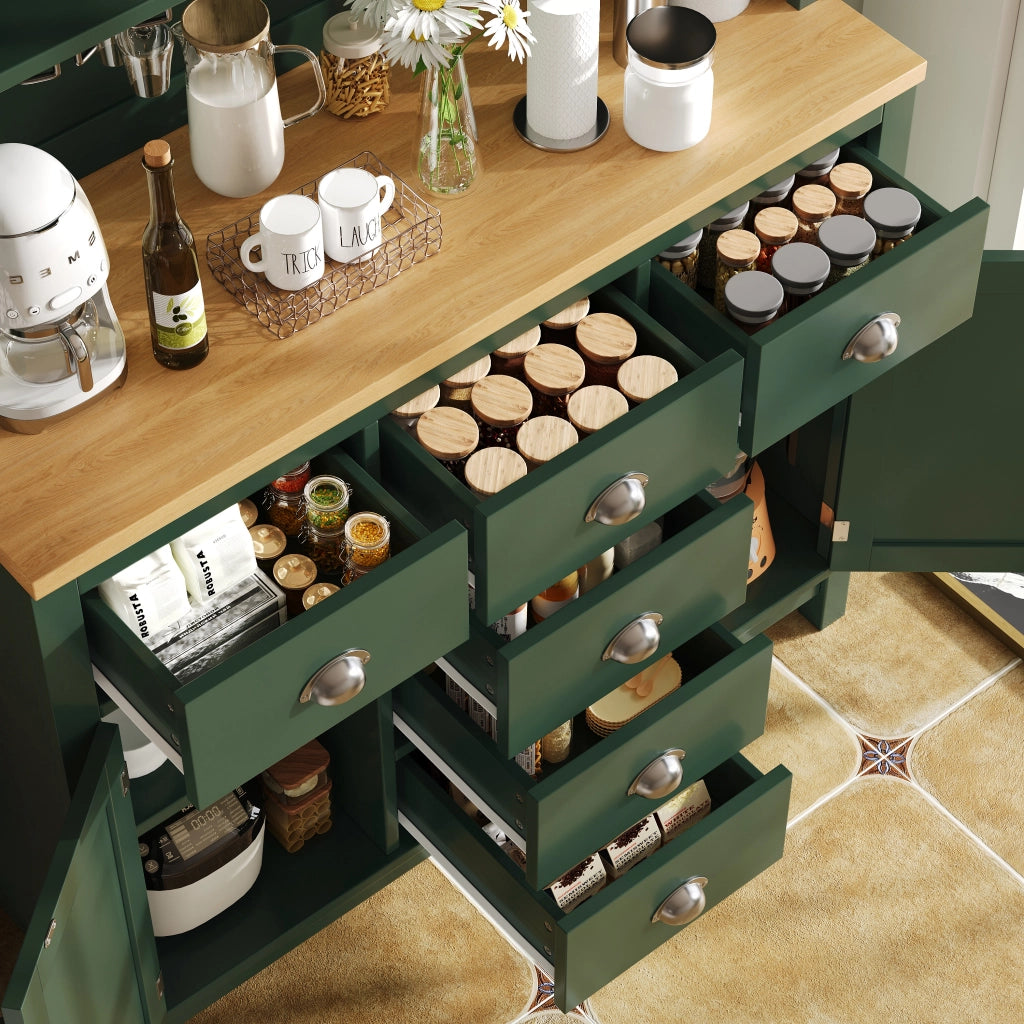 Credenza da cucina spaziosa con 4 ante, cassetti e LED regolabile, stile rétro, in MDF verde, 104 × 40 × 180 cm