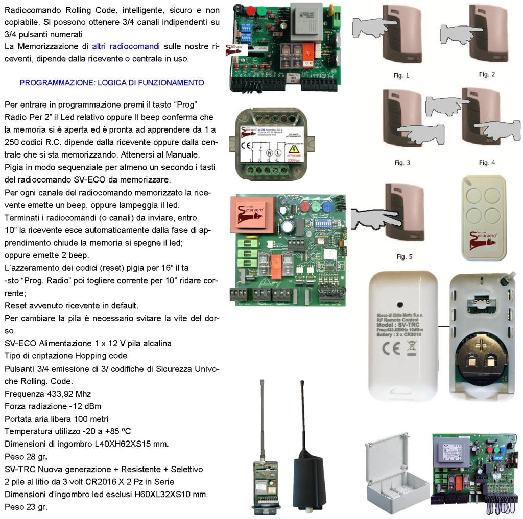 Radiocomando Cancello Tre Canali Dieci Pezzi Frequenza 433,92 MHz Potenza 1 mW Portata Aria Libera 60/100 MT Codice Sicurezza Securvera Rolling Code 66 Bit Batteria 12 V 23A Contenitore ABS Tre Colori
