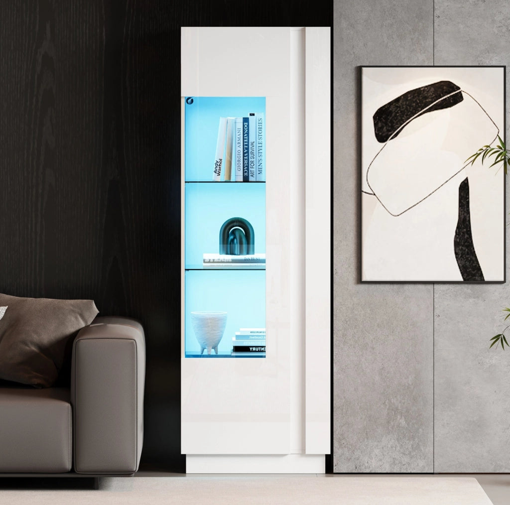 Vetrina 60x40x180 cm con LED e porta in acrilico; truciolare e vetro temperato bianco