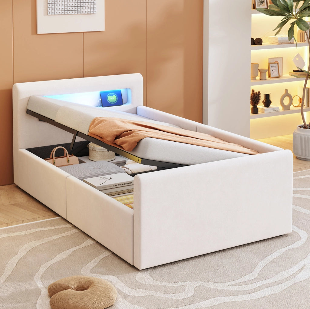 Letto imbottito per bambini 90x200 cm con LED, USB e vano contenitore