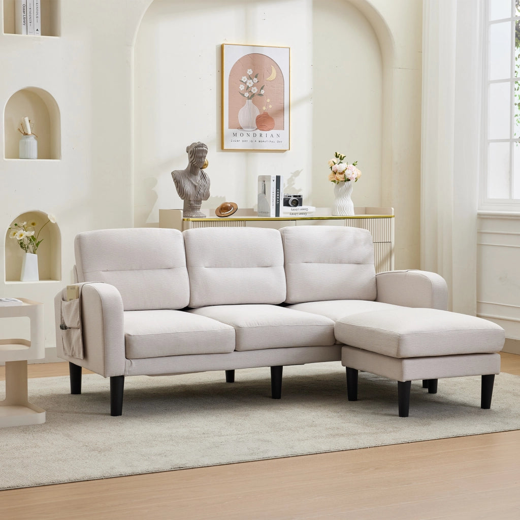 Divano Angolare 3 Posti con Chaise Longue e Tasche laterali in Tessuto Beige 204 × 136 × 80 cm