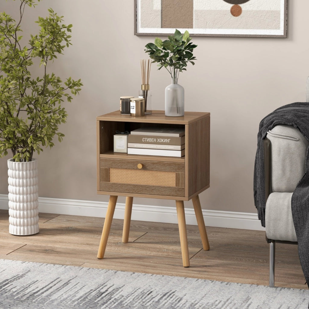 Comodini in rattan con cassetto tavolini laterali stile boho da letto, Comodini in legno per soggiorno Naturale-Comodini