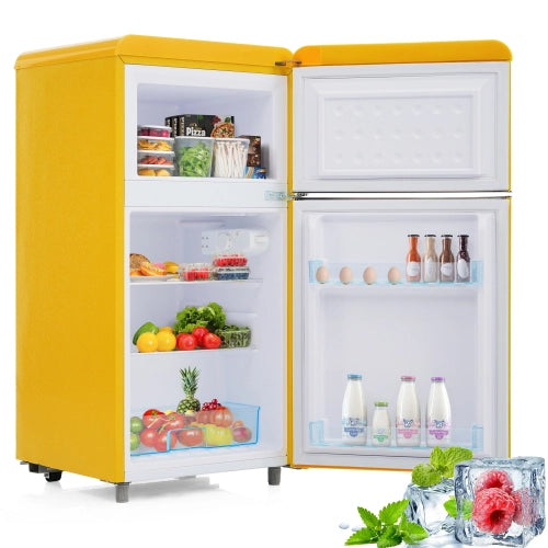 Frigorifero retrò; frigorifero a doppia porta; volume totale 72L; congelatore 21L; luce LED; efficiente energetico; giallo