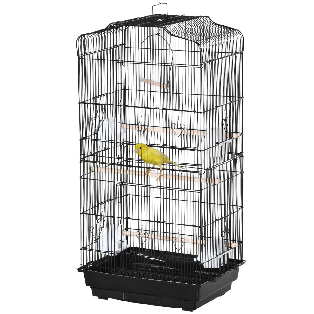 Gabbia per Uccelli in Metallo e Plastica con Trespoli, Altalena e Ciotole, 46.5x35.5x92 cm, Nero