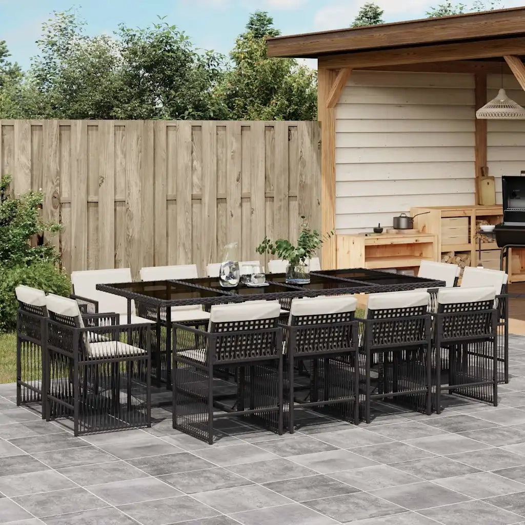 Set da Pranzo da Giardino 13pz con Cuscini Nero in Polyrattan