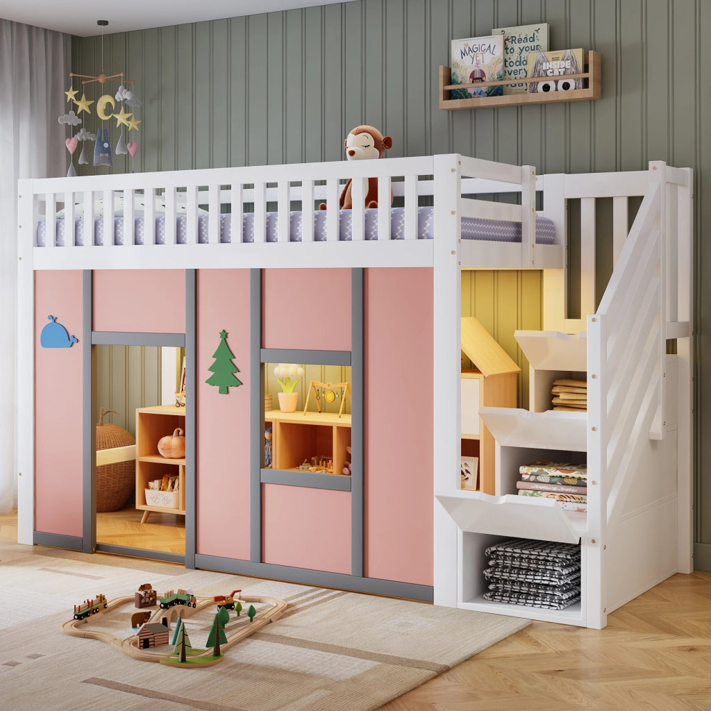 Letto a soppalco per bambini 90x200 cm bianco e rosa con scala contenitore e LED