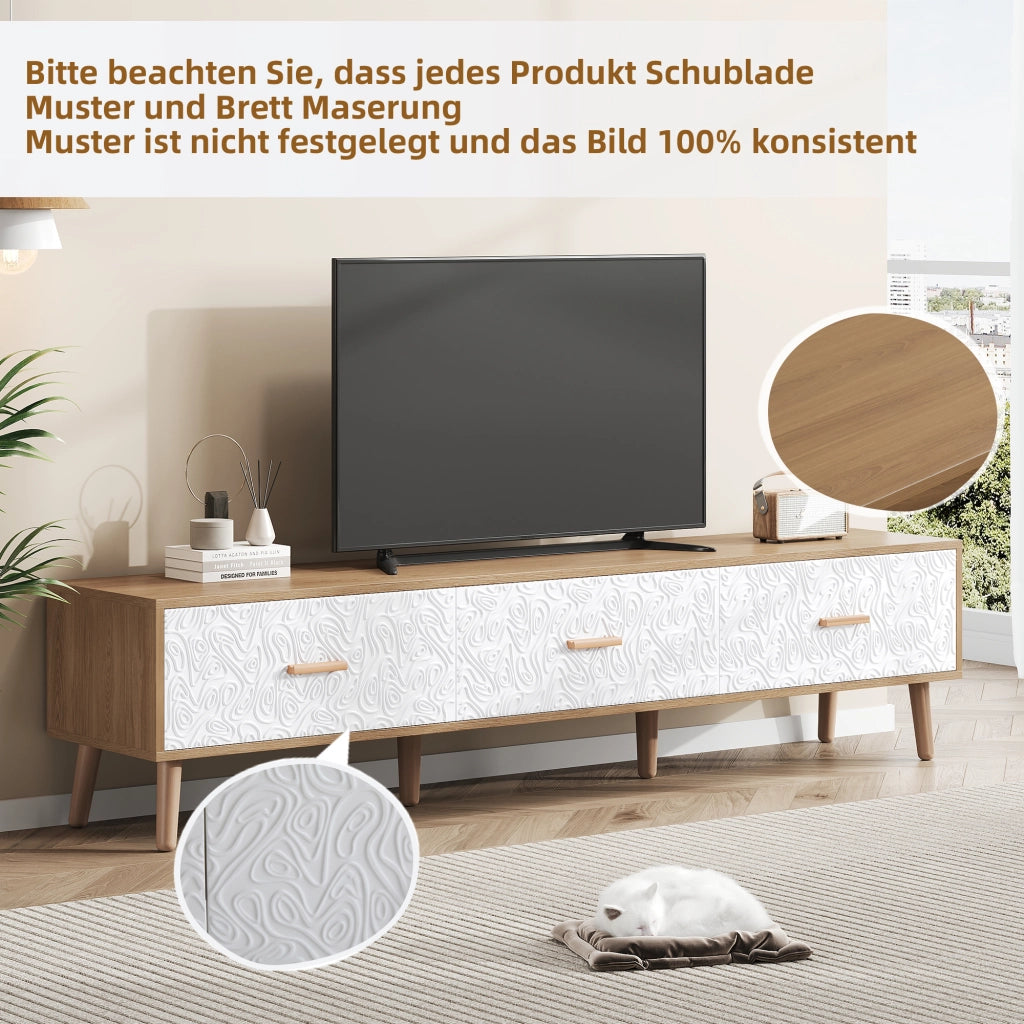 Mobile TV vintage con 3 cassetti e vano con ante testurizzate per soggiorno; in truciolare bianco e legno; 150×35×39 cm
