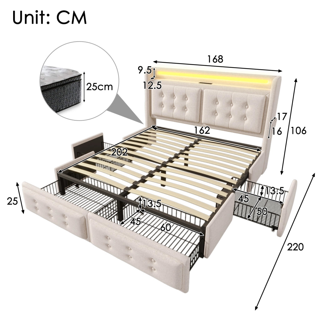 LETTO imbottito 160x200 cm Beige con LED, USB e 4 cassetti