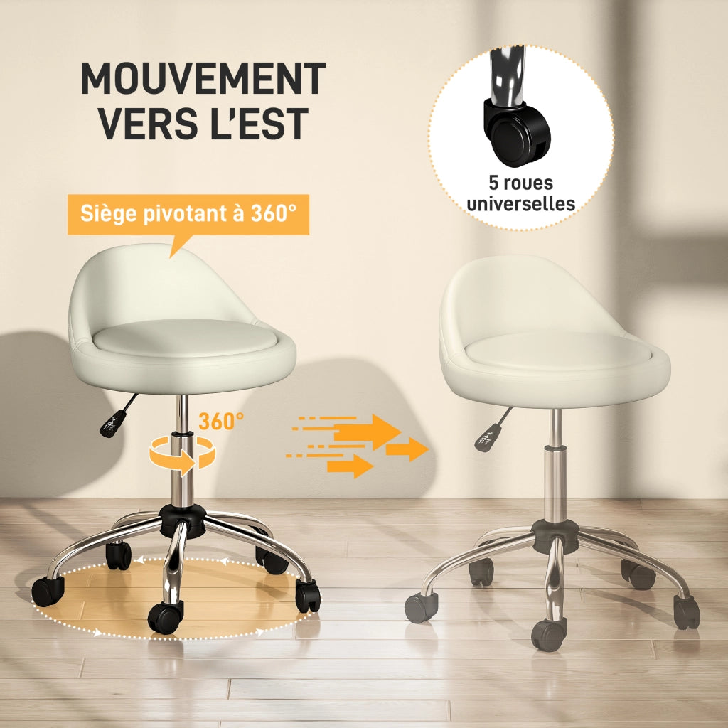 Sgabello da Lavoro Girevole 360¡ã con Rotelle ¨C Xylo ¨C Bianco, Altezza Regolabile 53-73 cm