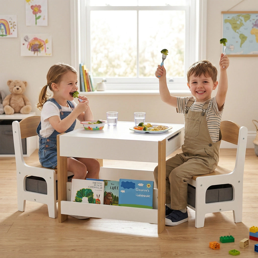 Tavolo per Bambini con Sgabelli e Pannello ¨C Minimal ¨C Bianco e Naturale 90x50x55