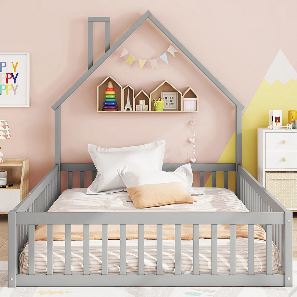 Letto bambino-Xylo-140x190 cm-forma camino, doghe, pino, grigio
