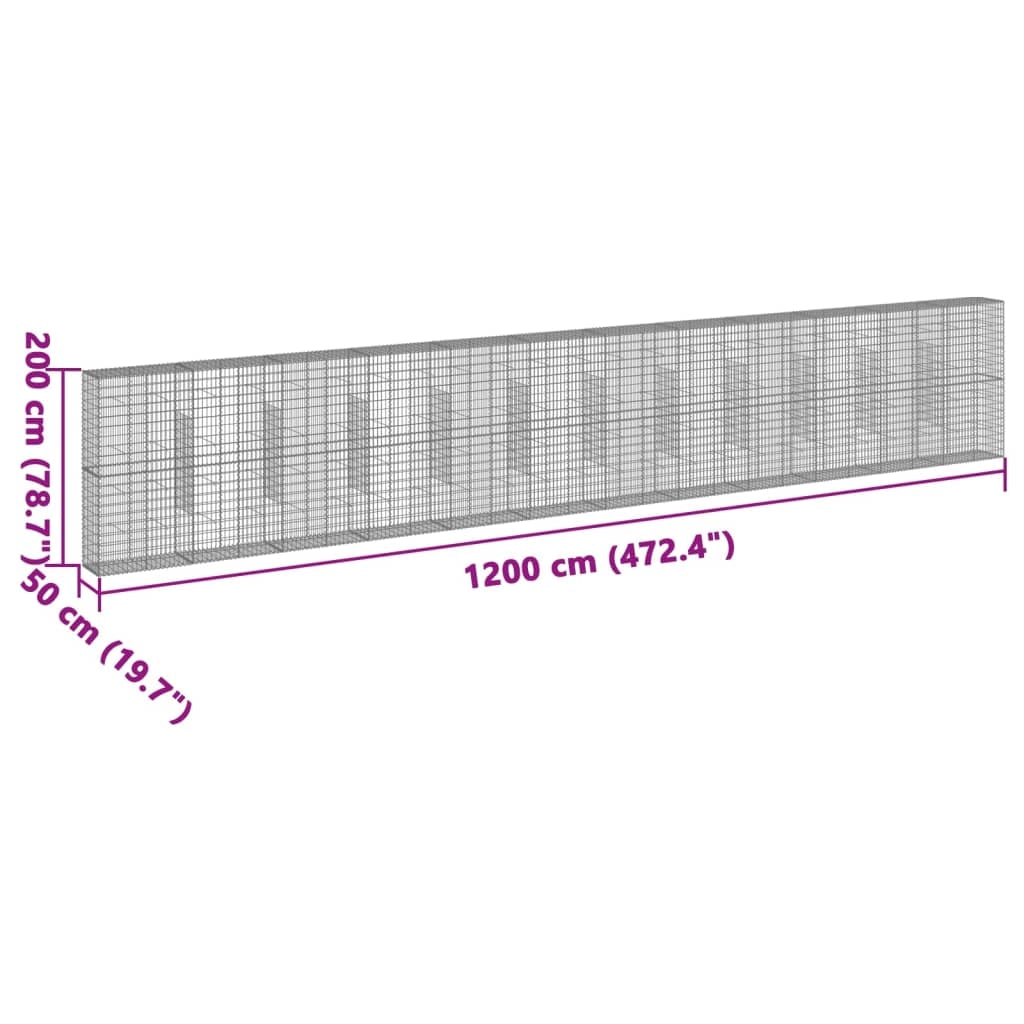 Gabbione recinto a gabbia muro di contenimento con coperchio 1200 x 50 x 200 cm ferro zincato argento 02_0040136