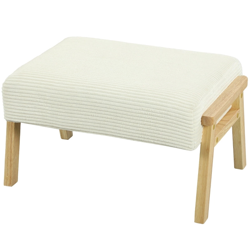 Poggiapiedi con morbido cuscino di seduta, gambe in legno, effetto velluto a coste, bianco crema