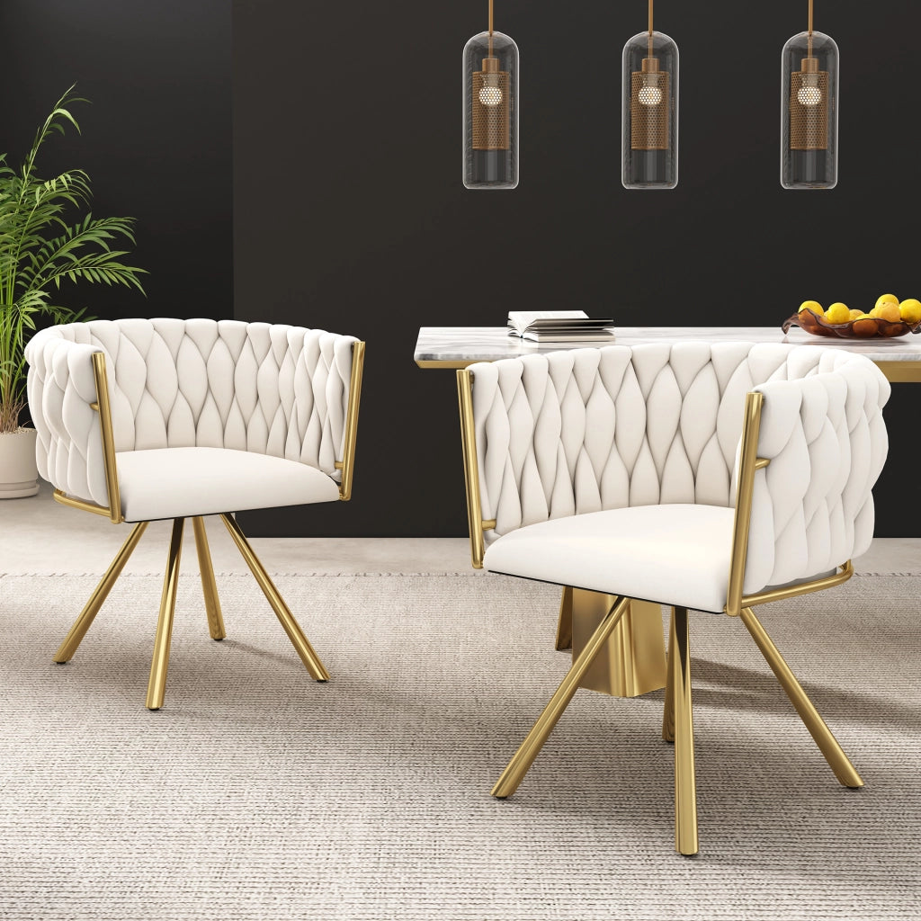 Sedia da sala da pranzo girevole in velluto set da 2 con schienale ergonomico e struttura in acciaio beige e oro