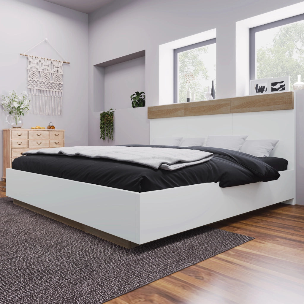 DESMIU Letto matrimoniale letto adulto 160 × 200 cm con testiera ed effetto sospeso, senza materasso, bianco rovere