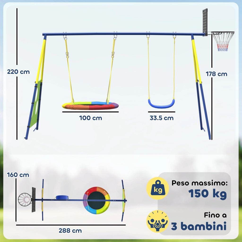 Set Altalena da Giardino 4 in 1 per Bambini 3-8 Anni con 2 Altalene Canestro e Porta da Calcio Multicolore