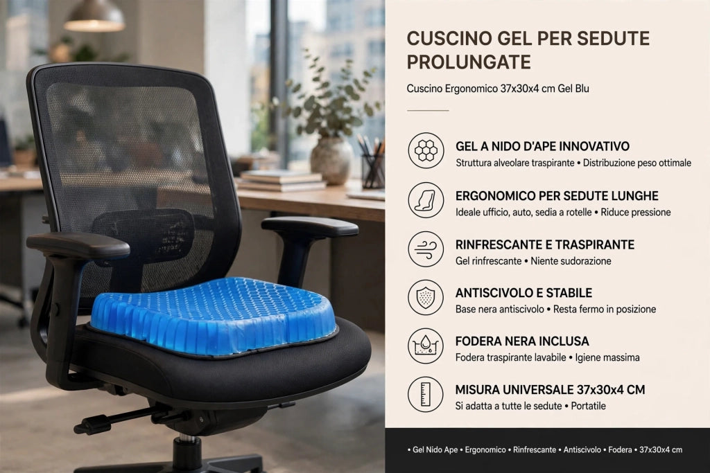 Set 2 Pezzi Cuscino Gel per Sedute Prolungate 37x30x4 cm Ergonomico