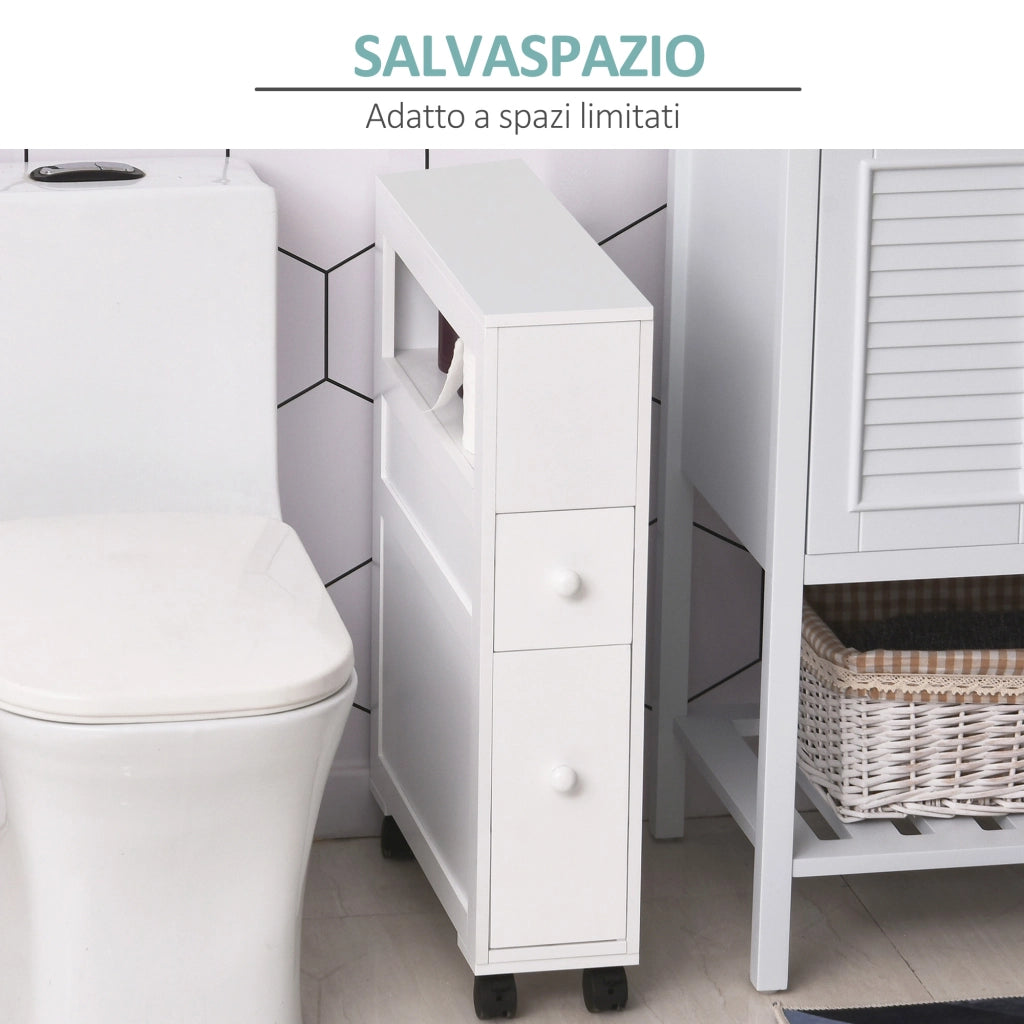 Mobiletto da Bagno con Cassetti e Ruote ¨C Zephmum ¨C Legno Bianco 16x52x71.5 cm