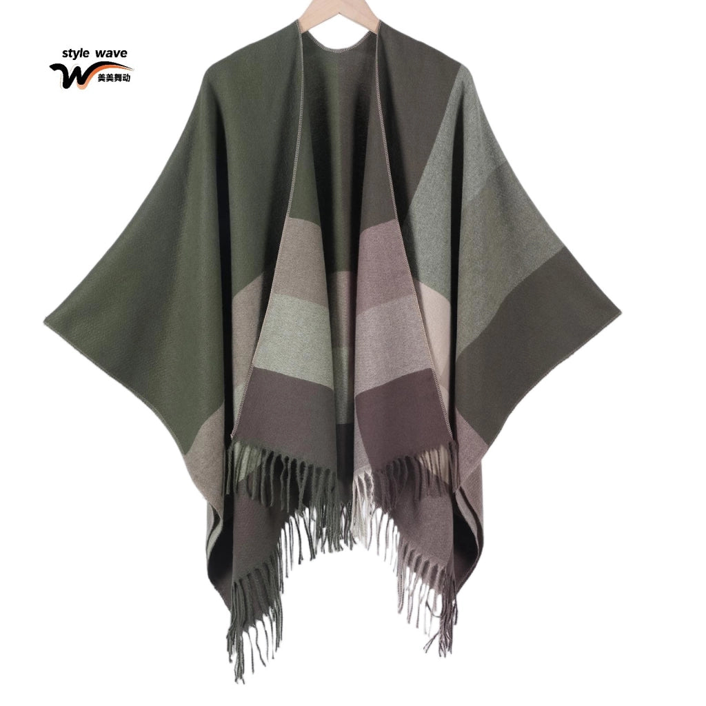 Nuovo scialle a quadri, cardigan/mantella da donna classico in jacquard con spacco e nappine, lavorato a maglia.