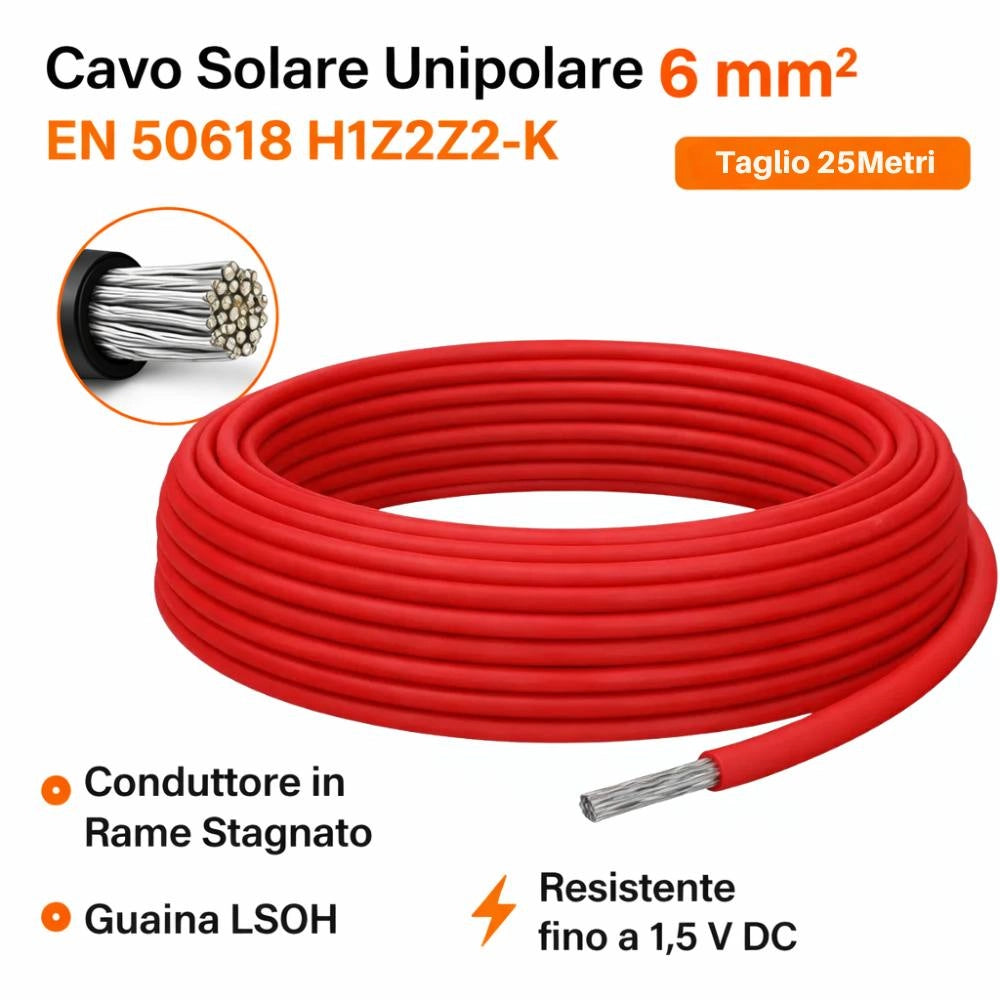 Cavo solare unipolare rosso flessibile 6 mm² per impianti fotovoltaici *** lunghezza metri 25, confezione 1