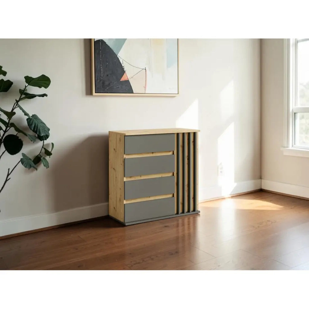 Cassettiera 1 porta e 4 cassetti - rovere e grigio - Collezione Mone