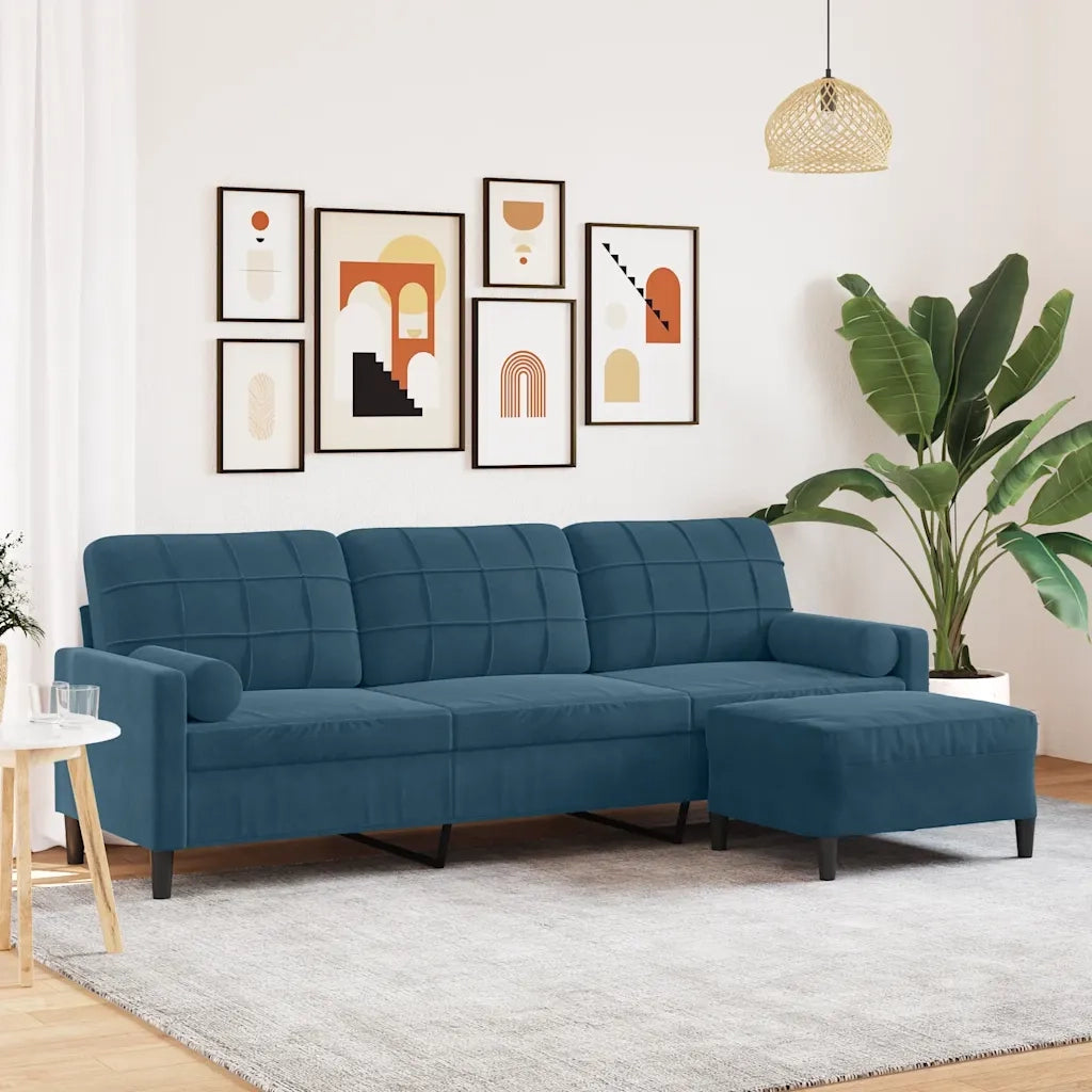 Divano a 3 Posti con Poggiapiedi Blu 210cm in Velluto 3278286