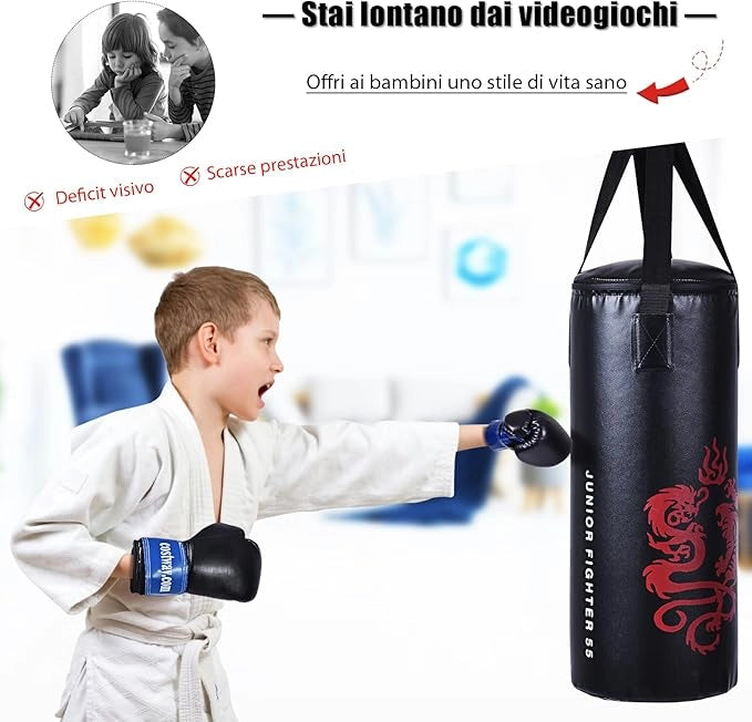 Set da Boxe con Sacco Pieno, Guanti, Catena e Corda per Saltare, Box Portatile per Bambini, Esercizio Fisico