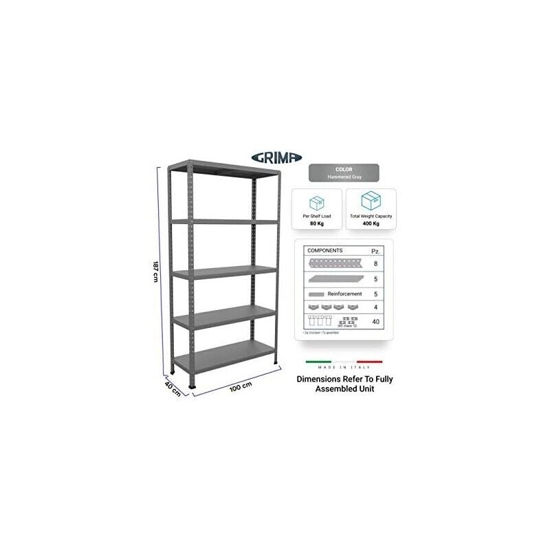 SCAFFALE IN METALLO GRIGIO ETTORE KIT BULLONI 100 X 40 X H 187 CM 5 RIPIANI
