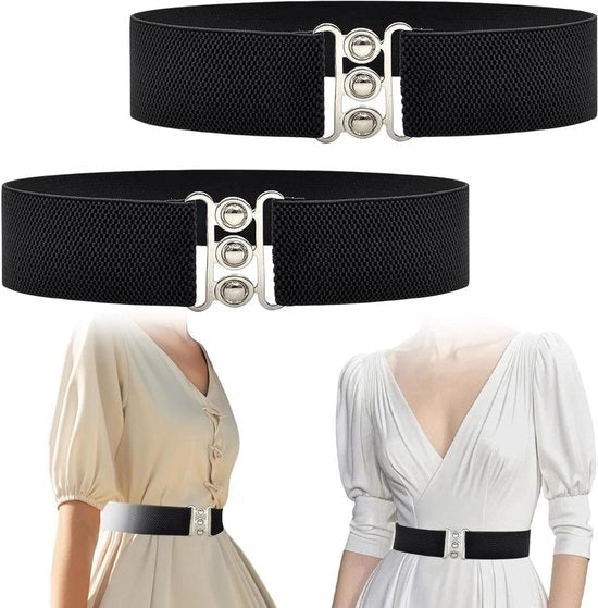 Cinturino retrò vintage per donne con chiusura in argento - Cinturino adattabile per abiti da sera - Cinturino elastico ampio a forma di cinch anni '50 (nero)